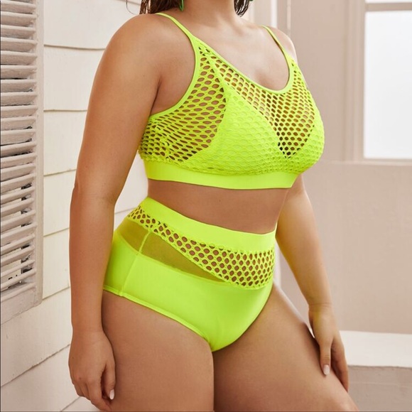 SHEIN Neon Green Fishnet High Waisted Swimsuit - Picture 9 of 9